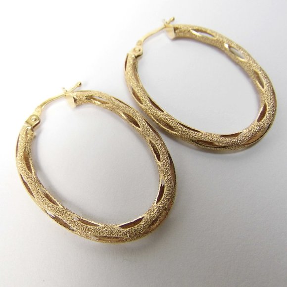 10K yellow GOLD Oval HOOP Cut out Earrings 1.25" - Picture 5 of 9